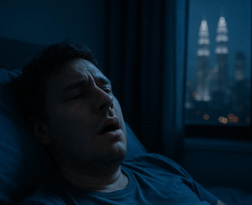 A man sleeping in bed, appearing to be in a deep sleep, with a view of skyscrapers at night through the window.