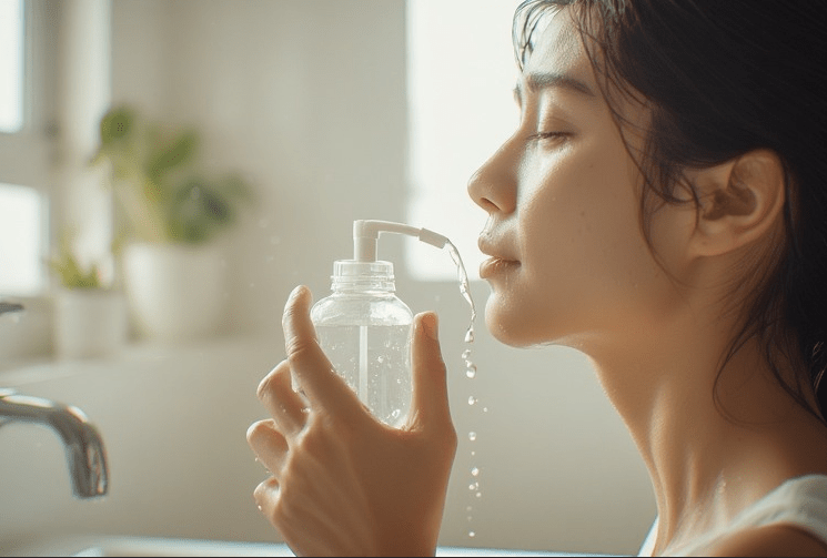 A woman gently drinking water from a clear bottle with a spout, her eyes closed and a serene expression, set in a bright, softly lit kitchen with plants in the background.