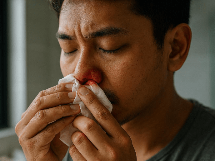 A man with dark hair is pressing tissues to his nose, which is bleeding, while his eyes are closed in concentration.