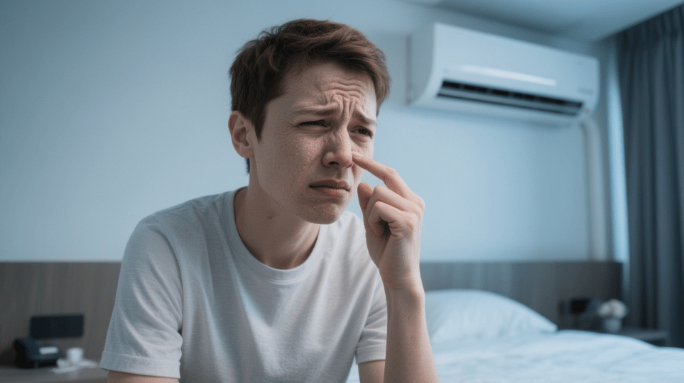 A young man with a concerned expression sitting on a bed in a minimalistic room, touching his face.