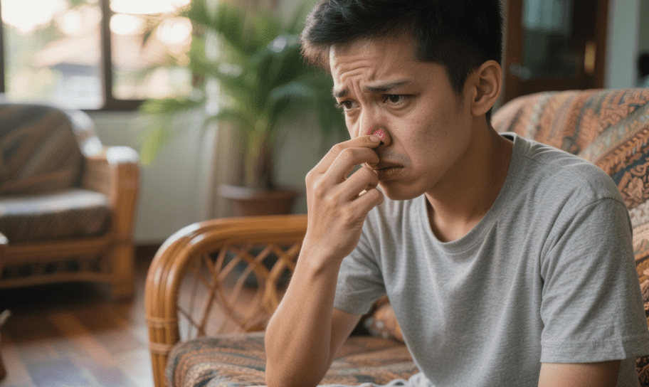 A concerned young man sitting on a sofa, pinching his nose with a worried expression, indoors.