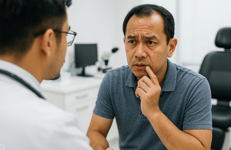 A worried patient sits across from a doctor in a medical office, looking pensive while touching his chin.