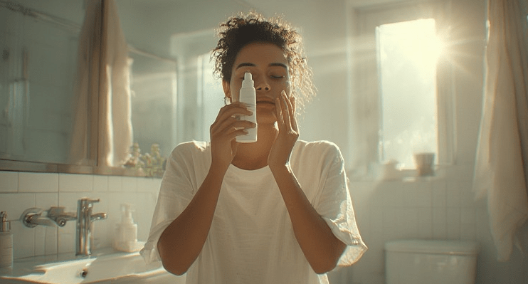 A woman in a bathroom holding a skincare product, gently applying it to her face in soft, natural light.