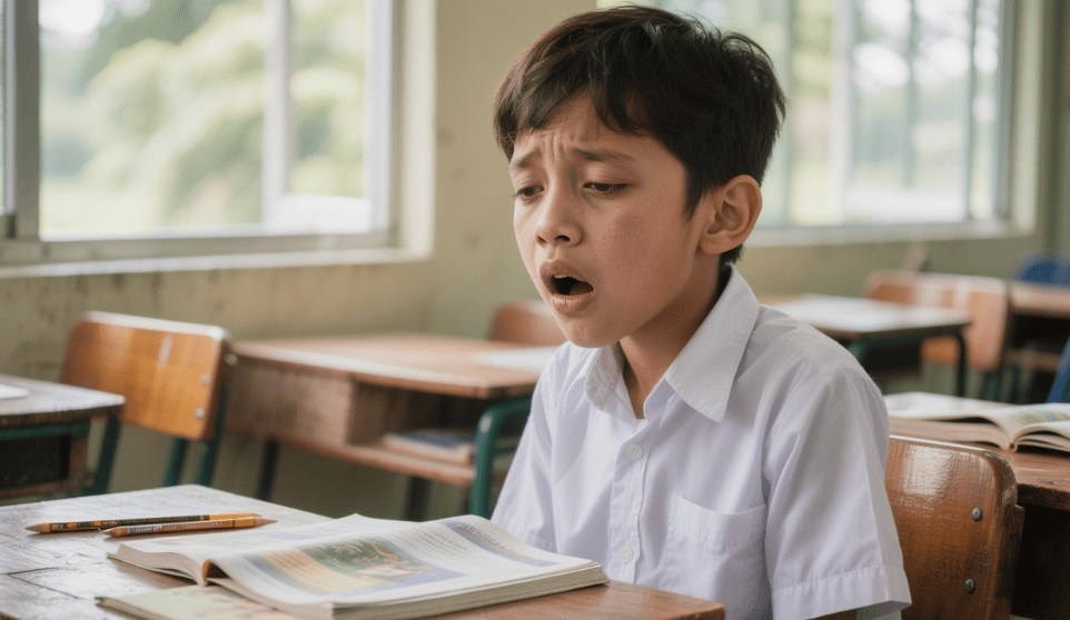 A young boy in a white school shirt looking frustrated while studying at a desk in a classroom, with an open book and a pencil in front of him.