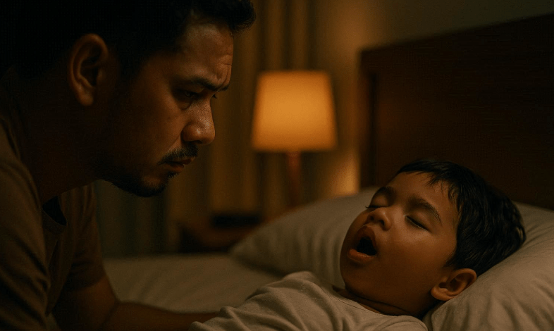 A father looking intently at his sleeping son in a dimly lit room, with a bedside lamp glowing in the background.