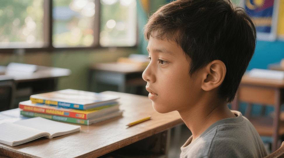 A young boy sitting at a school desk, looking thoughtfully to the side, with books and a notebook on the table.