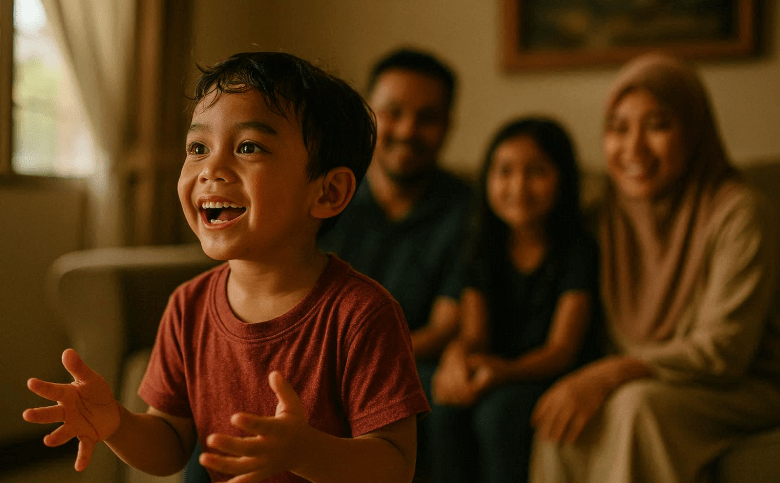 A joyful young boy in a red shirt is playing and smiling in the foreground, while his family members, including a father, a sister, and a mother in a hijab, are seated in the background, creating a warm family atmosphere.