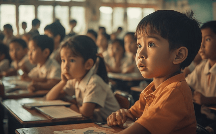 A focused young boy in an orange shirt sitting at a desk in a classroom, listening attentively. Other students are visible in the background, all appearing engaged.