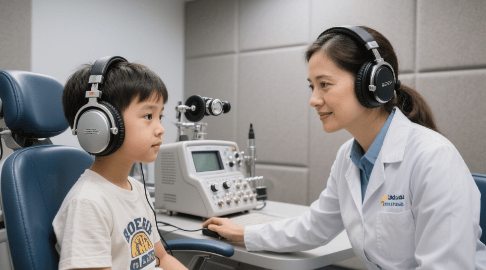 A young boy wearing headphones sits in an audiology clinic while a female audiologist, also wearing headphones, conducts a hearing test.