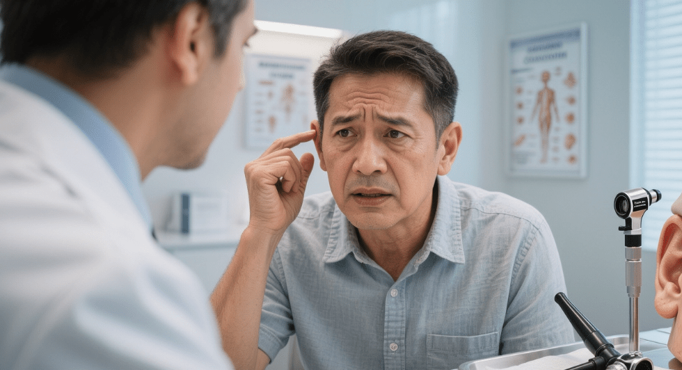 A concerned middle-aged man discussing his ear issues with a healthcare professional in a clinical setting.