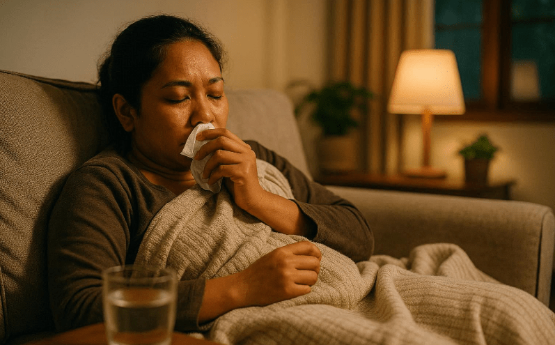 A woman sitting on a sofa, wrapped in a blanket, holding a tissue to her nose, looking unwell. A glass of water is on the table beside her, with warm lighting from a nearby lamp.