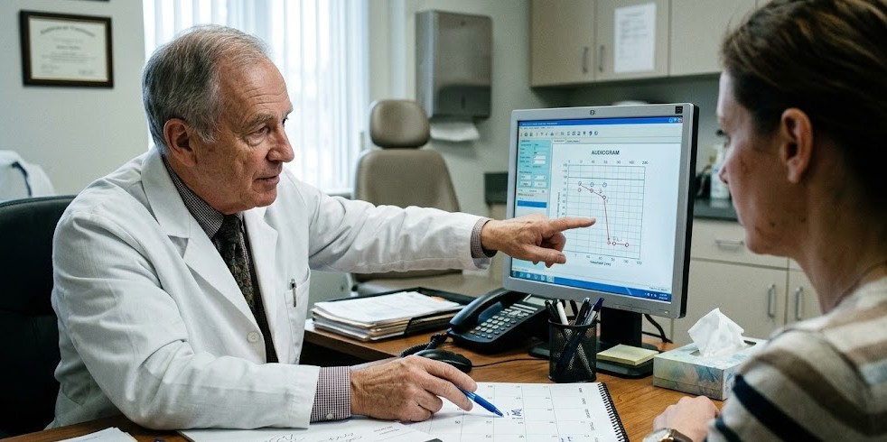 A doctor in a white coat discusses information with a patient, pointing at a graph on a computer screen while seated at a desk.