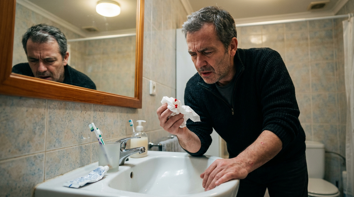 Man leaning over bathroom sink looking at tissue with blood on it