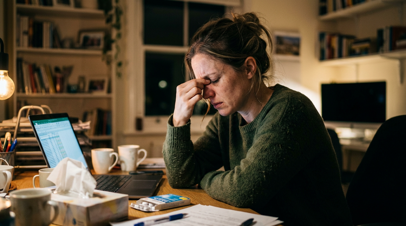 Woman pinching bridge of nose looking stressed at desk with laptop, tissues, and medication