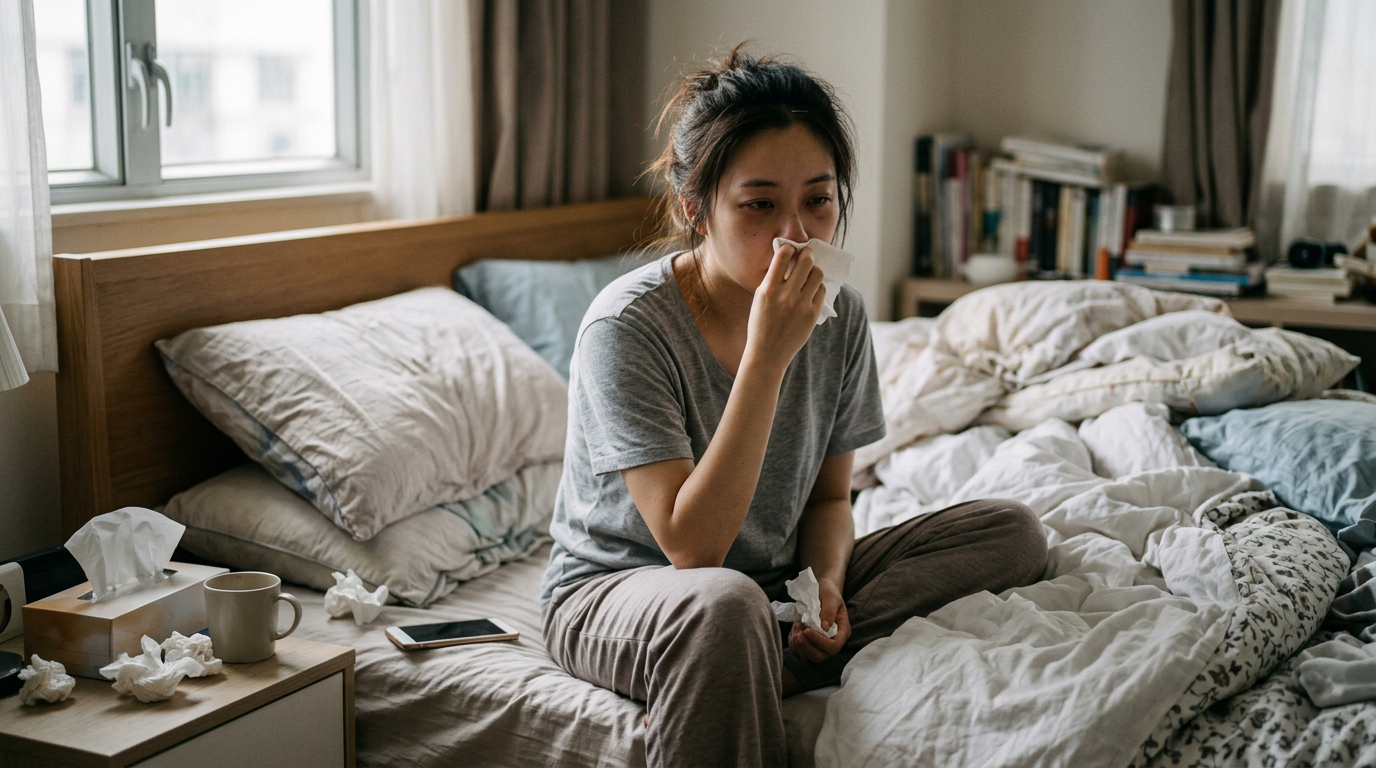 A young woman sitting on a bed blowing her nose with tissues scattered around