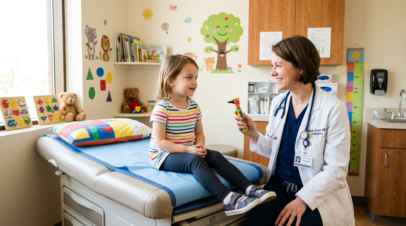 Pediatrician examining a young girl’s ear in a colorful examination room